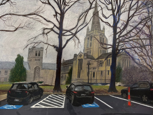 'Three Cars, Two Churches', 2024, watercolor, gouache and colored pencil