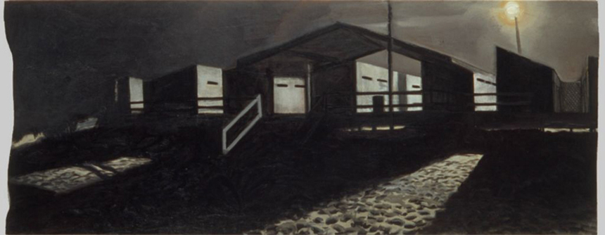 1990, oil and sand on shaped canvas, 30 x 75 in. 