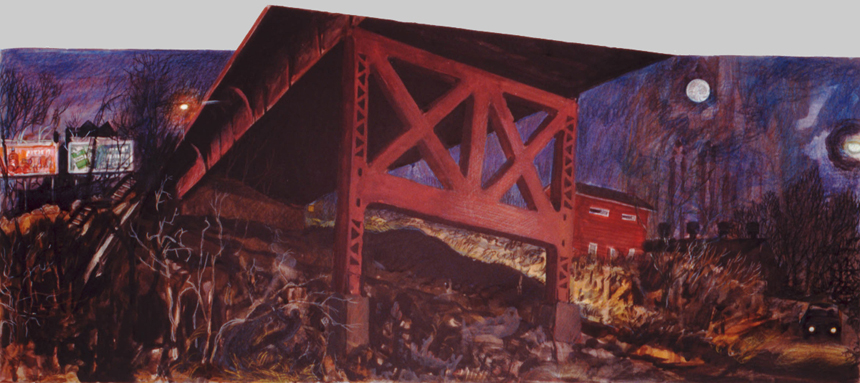 1990, watercolor, gouache and colored pencil on paper, 23 x 41 in. (Collection: R. Weis)