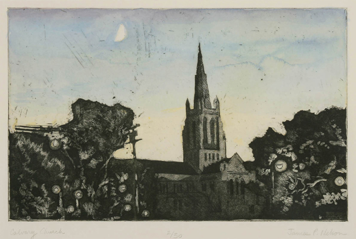 Calvary Church (2/30), hand-colored etching, 10 ½ x 15 ½ in.