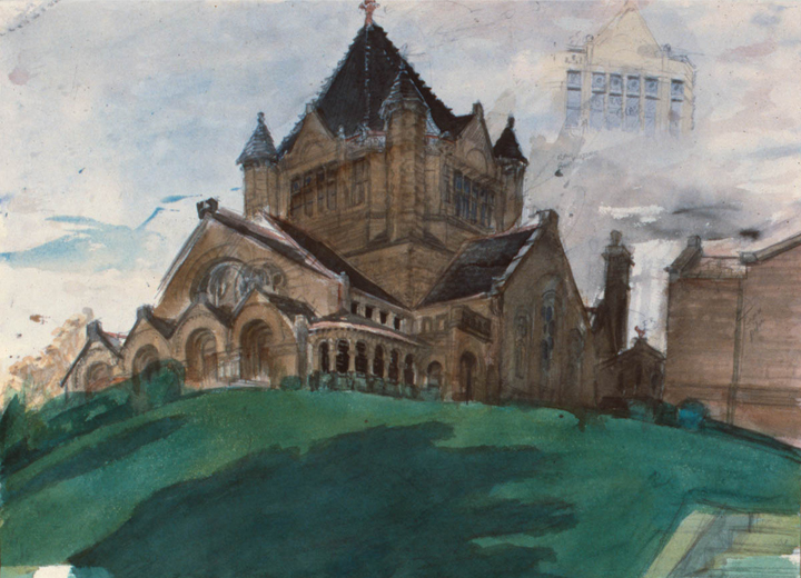 First Methodist Church, 1984, watercolor, 22 x 30 in., collection Rev. Renee Waun