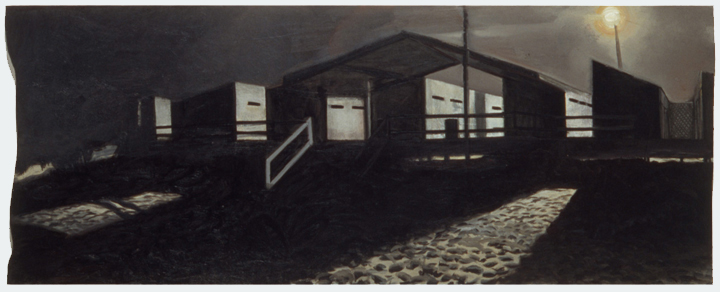 The Beach Club, 1990, oil and sand on canvas, 30 x 75 in.