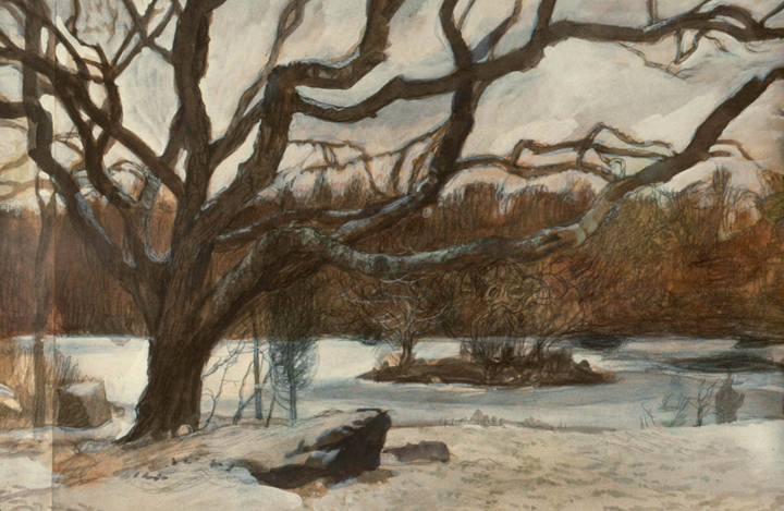 Tree by the Pond, 1992, watercolor and gouache, 16 ½ x 24 in.