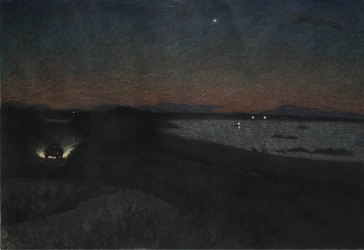 Daybreak at the Harbor, 2006, watercolor, gouache, colored pencil, charcoal and pastel, 32 ½ x 47 ½ in. 