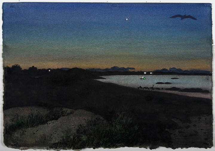 Daybreak at the Harbor, 2006, watercolor, gouache and colored pencil, 9 x 13 in.